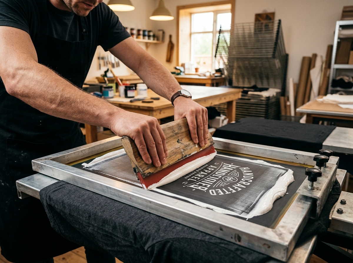 Impression textile en sérigraphie artisanale avec racle et encres écologiques à l'atelier Inkura