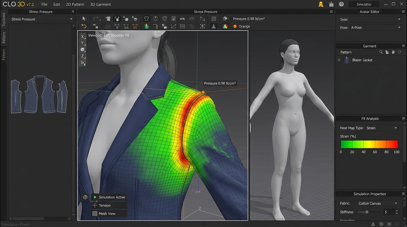Interface de modélisation 3D textile montrant la carte de pression et le fitting sur mannequin virtuel