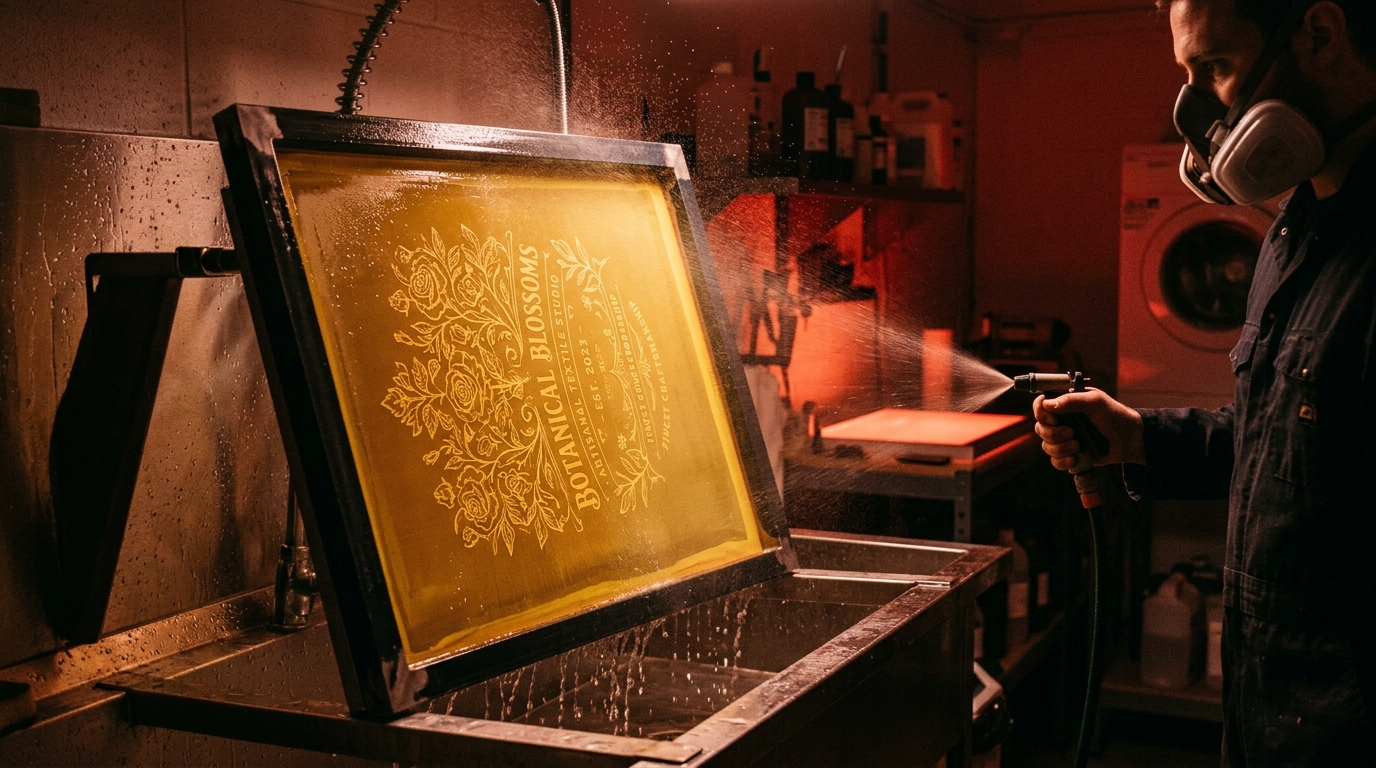 Artisan sérigraphe dépouillant un cadre aluminium sous lumière inactinique rouge en atelier