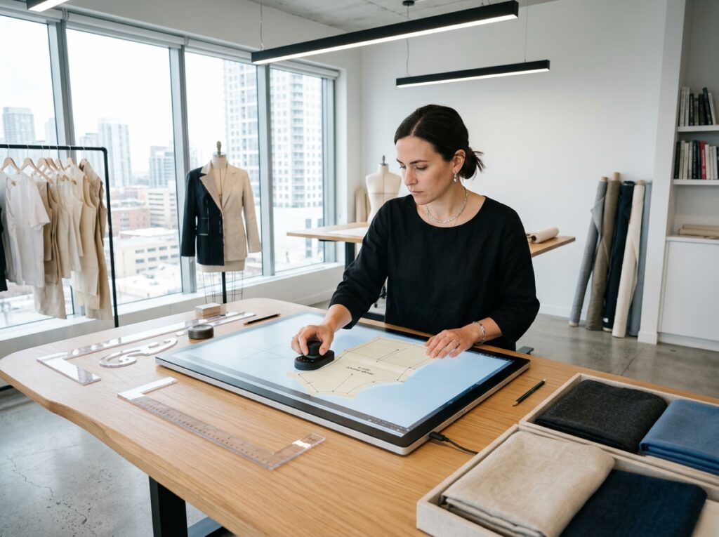 A patternmaker digitizing a garment pattern on a high-precision scanning table at the Inkura workshop