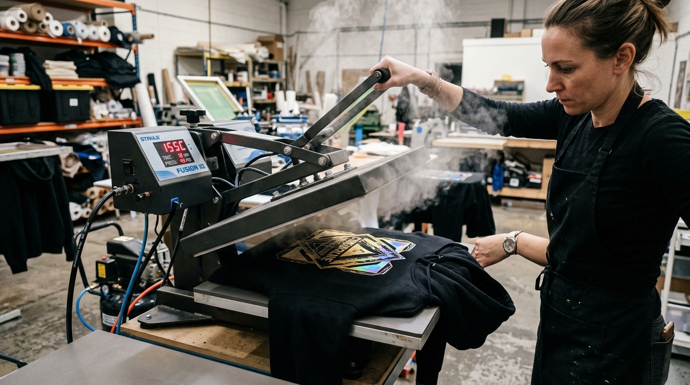Opératrice appliquant un marquage en flex vinyle holographique sur un hoodie à l'aide d'une presse à chaud